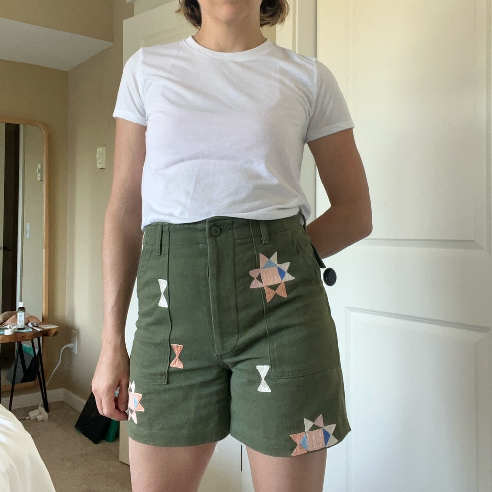 Bliss and Mischief Green Hand-Embroidered Shorts